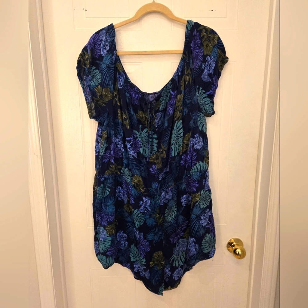City Chic Size 20 Plus Blue Green Off The Shoulder Floral Women's Romper